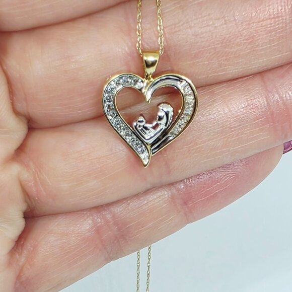 10k Mother and Child White and Yellow Gold Diamond Pendant on 10k Chain Necklace - Picture 3 of 16
